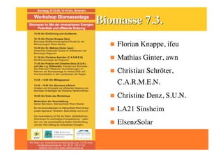     Florian Knappe, ifeu
    Mathias Ginter, awn
    Christian Schröter,
     C.A.R.M.E.N.
    Christine Denz, S.U.N.
    LA21 Sinsheim
    ElsenzSolar
 