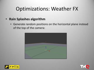 Optimizations: Weather FX
• Rain Splashes algorithm
  • Generate random positions on the horizontal plane instead
    of the top of the camera:
 
