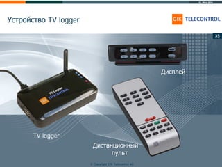 31. März 2014
© Copyright GfK Telecontrol AG
Устройство TV logger
3535
© Copyright GfK Telecontrol AG
TV logger
Дисплей
Дистанционный
пульт
 
