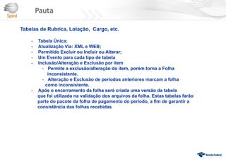 Pauta
Tabelas de Rubrica, Lotação, Cargo, etc.
- Tabela Única;
- Atualização Via: XML e WEB;
- Permitido Excluir ou Incluir ou Alterar;
- Um Evento para cada tipo de tabela
- Inclusão/Alteração e Exclusão por item
- Permite a exclusão/alteração do item, porém torna a Folha
inconsistente.
- Alteração e Exclusão de períodos anteriores marcam a folha
como inconsistente.
- Após o encerramento da folha será criada uma versão da tabela
que foi utilizada na validação dos arquivos da folha. Estas tabelas farão
parte do pacote da folha de pagamento do período, a fim de garantir a
consistência das folhas recebidas
 