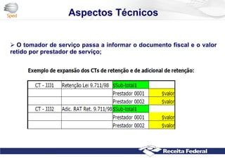 Aspectos Técnicos
 O tomador de serviço passa a informar o documento fiscal e o valor
retido por prestador de serviço;
1. Pode haver mais de uma rubrica da empresa com a mesma
classificação na Tabela Padrão ( n – 1)
2. Não pode haver uma rubrica da empresa com mais de uma
classificação na Tabela Padrão ( 1 – n )
 