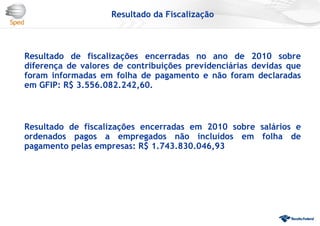 Resultado da Fiscalização
Resultado de fiscalizações encerradas no ano de 2010 sobre
diferença de valores de contribuições previdenciárias devidas que
foram informadas em folha de pagamento e não foram declaradas
em GFIP: R$ 3.556.082.242,60.
Resultado de fiscalizações encerradas em 2010 sobre salários e
ordenados pagos a empregados não incluídos em folha de
pagamento pelas empresas: R$ 1.743.830.046,93
 
