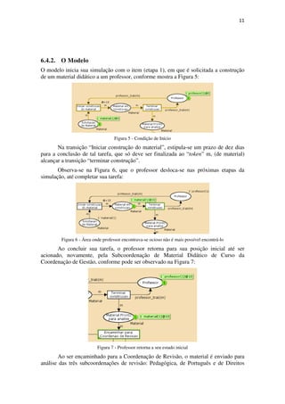 11




6.4.2. O Modelo
O modelo inicia sua simulação com o item (etapa 1), em que é solicitada a construção
de um material didático a um professor, conforme mostra a Figura 5:




                                   Figura 5 - Condição de Início
       Na transição “Iniciar construção do material”, estipula-se um prazo de dez dias
para a conclusão de tal tarefa, que só deve ser finalizada ao “token” m, (de material)
alcançar a transição “terminar construção”.
       Observa-se na Figura 6, que o professor desloca-se nas próximas etapas da
simulação, até completar sua tarefa:




        Figura 6 - Área onde professor encontrava-se ocioso não é mais possível encontrá-lo
       Ao concluir sua tarefa, o professor retorna para sua posição inicial até ser
acionado, novamente, pela Subcoordenação de Material Didático de Curso da
Coordenação de Gestão, conforme pode ser observado na Figura 7:




                          Figura 7 - Professor retorna a seu estado inicial
       Ao ser encaminhado para a Coordenação de Revisão, o material é enviado para
análise das três subcoordenações de revisão: Pedagógica, de Português e de Direitos
 