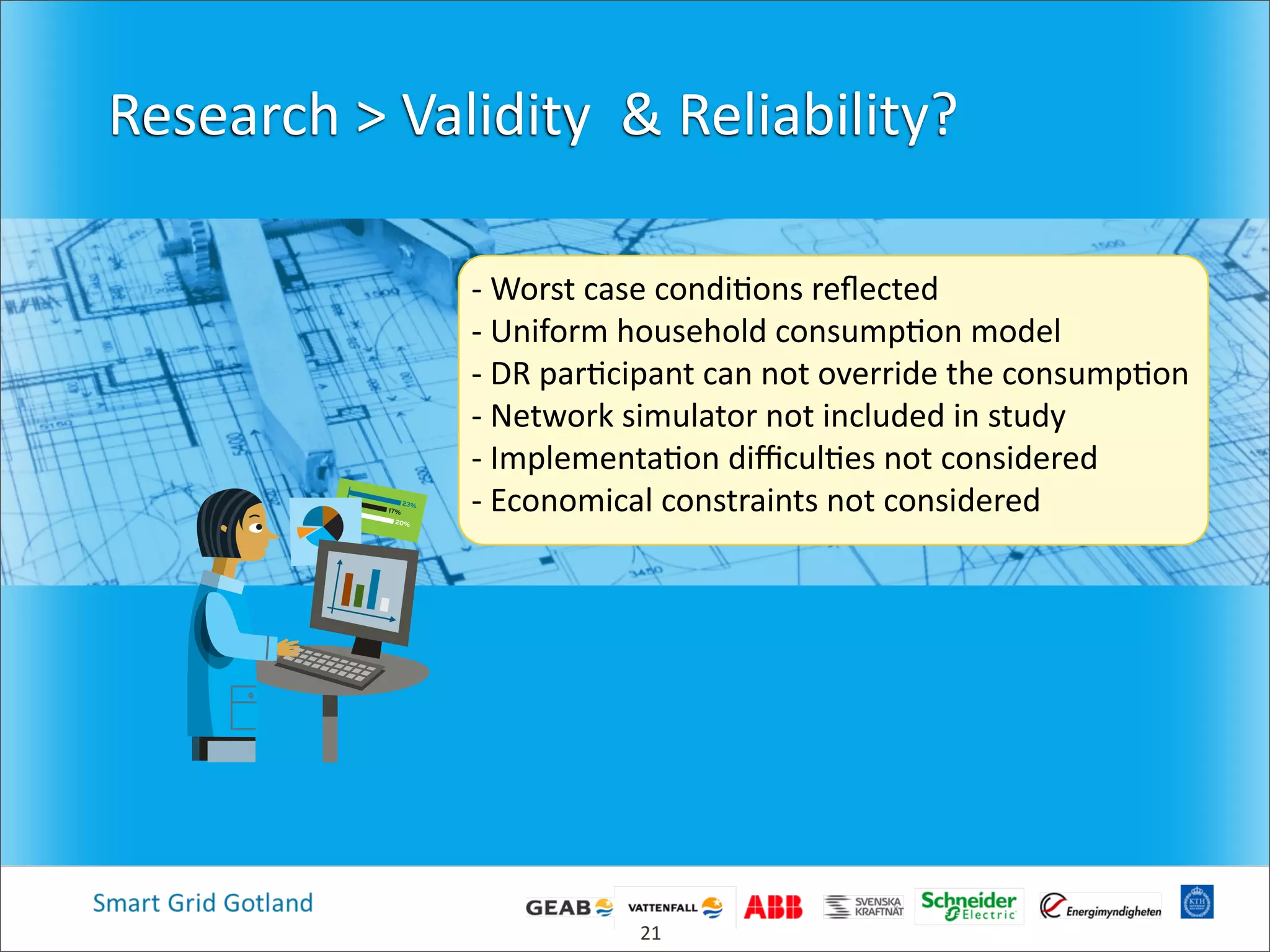Research  >  Validity    &  Reliability?
21
-­‐  Worst  case  condi4ons  reﬂected
-­‐  Uniform  household  consump4on  model
-­‐  DR  par4cipant  can  not  override  the  consump4on
-­‐  Network  simulator  not  included  in  study
-­‐  Implementa4on  diﬃcul4es  not  considered
-­‐  Economical  constraints  not  considered17%
20%
23%
 