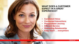 Copyright © 2012, Oracle and/or its affiliates. All rights reserved.10
WHAT DOES A CUSTOMER
EXPECT IN A GREAT
EXPERIENCE?
 Consistent Voice
 Connected Interactions
 Personalized Journey
 Efficient Service
 Rewarding Relationship
 Easy reach … everywhere
 
