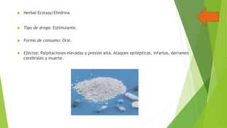 

Herbal Ecstasy/Efedrina



Tipo de droga: Estimulante.



Forma de consumo: Oral.



Efectos: Palpitaciones elevadas y presión alta. Ataques epilépticos, infartos, derrames
cerebrales y muerte.

 