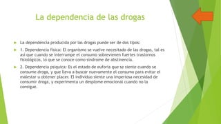 La dependencia de las drogas


La dependencia producida por las drogas puede ser de dos tipos:



1. Dependencia física: El organismo se vuelve necesitado de las drogas, tal es
así que cuando se interrumpe el consumo sobrevienen fuertes trastornos
fisiológicos, lo que se conoce como síndrome de abstinencia.



2. Dependencia psíquica: Es el estado de euforia que se siente cuando se
consume droga, y que lleva a buscar nuevamente el consumo para evitar el
malestar u obtener placer. El individuo siente una imperiosa necesidad de
consumir droga, y experimenta un desplome emocional cuando no la
consigue.

 