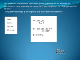  derecho son negativas. Encuentre el campo E en el centro del cuadrado.  (PHET)Campo eléctrico de líneas de transmisión.Un alambre largo y recto lleva una carga de 125 nC/m. Encuentre el campo E a una distancia de 3 m desde el alambre