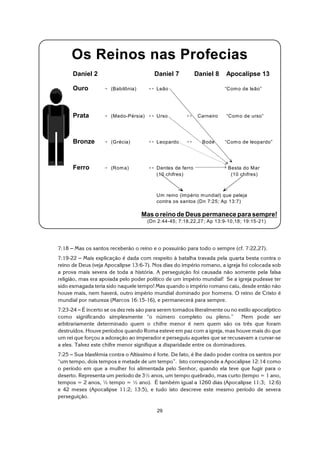29
7:18 S Mas os santos receberão o reino e o possuirão para todo o sempre (cf. 7:22,27).
7:19-22 S Mais explicação é dada com respeito à batalha travada pela quarta besta contra o
reino de Deus (veja Apocalipse 13:6-7). Nos dias do império romano, a igreja foi colocada sob
a prova mais severa de toda a história. A perseguição foi causada não somente pela falsa
religião, mas era apoiada pelo poder político de um império mundial! Se a igreja pudesse ter
sido esmagada teria sido naquele tempo! Mas quando o império romano caiu, desde então não
houve mais, nem haverá, outro império mundial dominado por homens. O reino de Cristo é
mundial por natureza (Marcos 16:15-16), e permanecerá para sempre.
7:23-24 S É incerto se os dez reis são para serem tomados literalmente ou no estilo apocalíptico
como significando simplesmente “o número completo ou pleno.” Nem pode ser
arbitrariamente determinado quem o chifre menor é nem quem são os três que foram
destruídos. Houve períodos quando Roma esteve em paz com a igreja, mas houve mais do que
um rei que forçou a adoração ao imperador e perseguiu aqueles que se recusavam a curvar-se
a eles. Talvez este chifre menor signifique a disparidade entre os dominadores.
7:25 S Sua blasfêmia contra o Altíssimo é forte. De fato, é lhe dado poder contra os santos por
“um tempo, dois tempos e metade de um tempo”. Isto corresponde a Apocalipse 12:14 como
o período em que a mulher foi alimentada pelo Senhor, quando ela teve que fugir para o
deserto. Representa um período de 3½ anos, um tempo quebrado, mas curto (tempo = 1 ano,
tempos = 2 anos, ½ tempo = ½ ano). É também igual a 1260 dias (Apocalipse 11:3; 12:6)
e 42 meses (Apocalipse 11:2; 13:5), e tudo isto descreve este mesmo período de severa
perseguição.
Os Reinos nas Profecias
Daniel 2 Daniel 7 Daniel 8 Apocalipse 13
Ouro ÷ (Babilônia) ø Leão “Como de leão”
Prata ÷ (Medo-Pérsia) ø Urso ø Carneiro “Como de urso”
Bronze ÷ (Grécia) ø Leopardo ø Bode “Como de leopardo”
Ferro ÷ (Roma) ø Dentes de ferro Besta do Mar
(10 chifres) (10 chifres)
Um reino (império mundial) que peleja
contra os santos (Dn 7:25; Ap 13:7)
Mas o reino de Deus permanece para sempre!
(Dn 2:44-45; 7:18,22,27; Ap 13:9-10,18; 19:15-21)
 