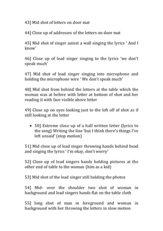 43] Mid shot of letters on door mat 
44] Close up of addresses of the letters on door mat 
45] Mid shot of singer aainst a wall singing the lyrics ‘ And I 
know’ 
46] Close up of lead singer singing to the lyrics ‘we don’t 
speak much’ 
47] Mid shot of lead singer singing into microphone and 
holding the microphone wire ‘ We don’t speak much’ 
48] Mid shot from behind the letters at the table which the 
woman was at before with letter at bottom of shot and her 
reading it with face visible above letter 
49] Close up on eyes looking just to the left off of shot as if 
still looking at the letter 
 50] Extreme close up of a half written letter (lyrics to 
the song) Writing the line ‘but I think there’s things I’ve 
left unsaid’ (stop motion) 
51] Mid close up of lead singer throwing hands behind head 
and singing the lyrics ‘ I’m okay, don’t worry’ 
52] Close up of lead singers hands holding pictures at the 
other end of table to the woman (him as a kid) 
53] Mid shot of the lead singer still holding the photos 
54] Mid- over the shoulder two shot of woman in 
background and lead singers hands flat on the table cloth 
55] long shot of man in foreground and woman in 
background with her throwing the letters in slow motion 
 