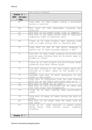 Shot List 
not fully visible) 
Scene 4 – 
EXT. Street 
– Day 
65 Long shot of lead singer riding a motorbike 
across a junction 
66 Mid shot of the motorbike crossing the 
junction 
67 Mid shot of two women either side of lamppost 
68 Mid shot of two women either side of lamp post 
(opposite sides to previous shot) 
69 Close up of lead singers feet walking from 
left to right across shot on concrete path 
70 long shot of one of the girls dropping a 
bottle out of hand slouched against a wall 
71 mid shot of Lead singer hugging girlfriend and 
pulling away holding hand as he moves away in 
middle of street 
72 close up of lead singers and girlfriends hands 
breaking from each others grips 
73 mid shot looking at the lead singer again but 
outside at a small table in the middle of a 
street 
74 extreme long shot of both characters at the 
table in the street 
75 Long shot of characters from the side showing 
both sat at the table with hands down on it. 
76 Mid shot of woman sat at table 
77 Mid shot of only girlfriend sat at table and 
the lead singer has disappeared. 
78 close up of Tear running down girlfriend’s 
cheek 
79 Long shot of woman at table facing the back of 
woman 
80 Mid shot of the woman from the other side of 
the table 
81 close up of same envelope in womans hands 
being burnt from bottom corner (address 
visible) 
Scene 5 – 
Someone, Somewhere Asking Alexandria 
 