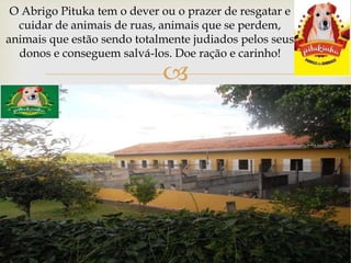 
O Abrigo Pituka tem o dever ou o prazer de resgatar e
cuidar de animais de ruas, animais que se perdem,
animais que estão sendo totalmente judiados pelos seus
donos e conseguem salvá-los. Doe ração e carinho!
 