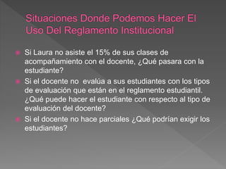  Si Laura no asiste el 15% de sus clases de 
acompañamiento con el docente, ¿Qué pasara con la 
estudiante? 
 Si el docente no evalúa a sus estudiantes con los tipos 
de evaluación que están en el reglamento estudiantil. 
¿Qué puede hacer el estudiante con respecto al tipo de 
evaluación del docente? 
 Si el docente no hace parciales ¿Qué podrían exigir los 
estudiantes? 
 