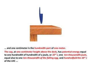 … and one centimeter is the hundredth part of one meter.
The cap, at one centimeter height above the desk, has potential energy equal
to one hundredth of hundredth of a joule, or 10-4 J, one ten-thousandth joule,
equal also to one ten-thousandth of the falling egg, and hundredfold the 10-6 J
of the LHC ...
 