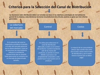 * Promoción: crear y difundir mensajes persuasivos acerca del producto. * Contacto: encontrar a compradores potenciales y comunicarse con ellos. * Adaptación: modelar y ajustar el producto a las exigencias del consumidor. Para ello se necesitan actividades como fabricación, clasificación, montaje y empaque. * Negociación: tratar de encontrar un precio mutuamente satisfactorio a fin de que se efectué la transferencia de propiedad o posesión. * Distribución física: transportar y almacenar los bienes. * Financiamiento: obtener y usar los fondos para cubrir los costos de sus actividades. * Aceptación de riesgos: correr el riesgo que supone realizar las funciones propias del canal de distribución. Los integrantes del canal de distribución ejecutan un cierto número de funciones claves:
