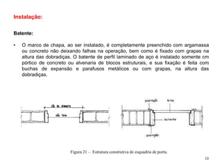 Instalação:
Batente:
• O marco de chapa, ao ser instalado, é completamente preenchido com argamassa
ou concreto não deixando falhas na operação, bem como é fixado com grapas na
altura das dobradiças. O batente de perfil laminado de aço é instalado somente cm
pórtico de concreto ou alvenaria de blocos estruturais, e sua fixação é feita com
buchas de expansão e parafusos metálicos ou com grapas, na altura das
dobradiças.
Figura 21 – Estrutura construtiva de esquadria de porta.
13
 