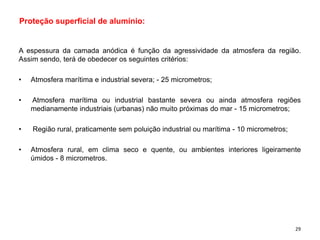 Proteção superficial de alumínio:
A espessura da camada anódica é função da agressividade da atmosfera da região.
Assim sendo, terá de obedecer os seguintes critérios:
• Atmosfera marítima e industrial severa; - 25 micrometros;
• Atmosfera marítima ou industrial bastante severa ou ainda atmosfera regiões
medianamente industriais (urbanas) não muito próximas do mar - 15 micrometros;
• Região rural, praticamente sem poluição industrial ou marítima - 10 micrometros;
• Atmosfera rural, em clima seco e quente, ou ambientes interiores ligeiramente
úmidos - 8 micrometros.
29
 