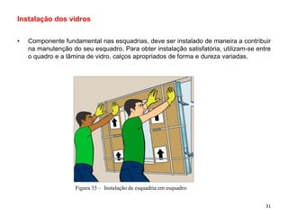 • Componente fundamental nas esquadrias, deve ser instalado de maneira a contribuir
na manutenção do seu esquadro. Para obter instalação satisfatória, utilizam-se entre
o quadro e a lâmina de vidro, calços apropriados de forma e dureza variadas.
Instalação dos vidros
Figura 35 – Instalação de esquadria em esquadro.
31
 