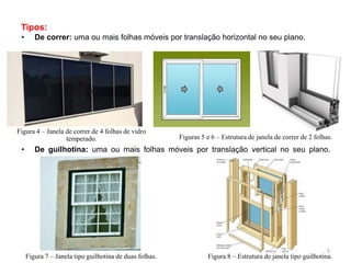 Tipos:
• De correr: uma ou mais folhas móveis por translação horizontal no seu plano.
• De guilhotina: uma ou mais folhas móveis por translação vertical no seu plano.
Figuras 5 e 6 – Estrutura de janela de correr de 2 folhas.
Figura 4 – Janela de correr de 4 folhas de vidro
temperado.
Figura 8 – Estrutura de janela tipo guilhotina.Figura 7 – Janela tipo guilhotina de duas folhas.
5
 