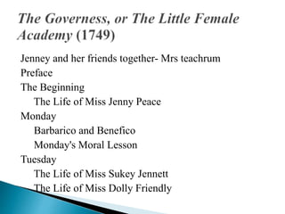Jenney and her friends together- Mrs teachrum
Preface
The Beginning
The Life of Miss Jenny Peace
Monday
Barbarico and Benefico
Monday's Moral Lesson
Tuesday
The Life of Miss Sukey Jennett
The Life of Miss Dolly Friendly
 