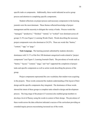 58
 
specific tasks or components. Additionally, these words indicated an active group
process and attention to completing specific components.
Student reflections on project process and necessary components in the learning
journals were the most dominant. These themes reflected knowledge of project
management and the necessity to delegate the variety of tasks. Process words like
“managed,” “productive,” “finished,” “started,” or “worked” were dominant across all
groups 31.5% (see Figure 5, Learning Words Chart). Words describing the necessary
project components were also dominant at 24.25%. These are words like “button,”
”content,” “app,” or “page.”
Task Language. The learning journals submitted by students showed a
dominance with 31.5 % of the first 100 dominant categorized words related to “project
components” (see Figure 5, Learning Journals Chart). The prevalence of words such as
“button,” “layout,” ”content,” “page,” and “test” supported the completion of project
tasks and specific components as well as action words describing the process of the
group.
Project components represented the core vocabulary that student were acquiring
in the projects. These words connected the students understanding of the layout of their
design and the specific components they integrated. The dominance of these words
showed the intent of these groups to complete tasks related to design and development
process. The long range of the project (13 sessions) also enabled group members to
develop a level of fluency using the words in context of their design. The prevalence of
these words across the data collection indicated a success of the curriculum providing an
extended inquiry process necessitating increased use of the words.
 