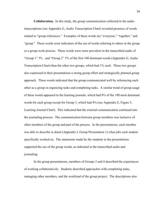 59
 
Collaboration. In this study, the group communication collected in the audio
transcriptions (see Appendix G, Audio Transcription Chart) revealed presence of words
related to “group references.” Examples of these words are “everyone,” “together,” and
“group.” These words were indicators of the use of words referring to others in the group
or a group work process. These words were more prevalent in the transcribed audio of
“Group 1” 3% and “Group 2” 5% of the first 100 dominant words (Appendix G, Audio
Transcription Chart) than the other two groups, which had 1% each. These two groups
also expressed in their presentations a strong group effort and strategically planned group
approach. These words indicated that the group communicated well by referencing each
other as a group in organizing tasks and completing tasks. A similar trend of group usage
of these words appeared in the learning journals, which had 8% of the 100 most dominant
words for each group except for Group 1, which had 4% (see Appendix E, Figure 5,
Learning Journal Chart). This indicated that the external communication continued into
the journaling process. The communication between group members was inclusive of
other members of the group and part of the process. In the presentations, each member
was able to describe in detail (Appendix I, Group Presentation 1) what jobs each student
specifically worked on. The statements made by the students in the presentations
supported the use of the group words, as indicated in the transcribed audio and
journaling.
In the group presentations, members of Groups 2 and 4 described the experiences
of working collaboratively. Students described approaches with completing tasks,
managing other members, and the workload of the group project. The descriptions also
 
