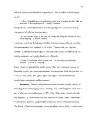 60
 
indicated how the roles shifted with responsibilities. This is evident in the following
quotes:
“A lot of times kids were out and others would have to pick up the slack. But we
were able to do that pretty well.” (Group 2 Student)
Groups showed a level of flexibility within their group process. Students picked up
where others left off when absent on tasks:
“We also found it better to not have just one person doing one thing but to have
others helping.” (Group 4 Student)
A statement by a Group 4 student described the beneficial process of having more than
one person working on components in the project. This approach gave all group
members an opportunity to participate in all aspects of the project and added group buy-
in to the work tasks and completed tasks more efficiently:
“Groups of two helped others stay on task. The team approach definitely
worked.” (Student in Group 4)
Group 4 members separated into smaller groups. They had two students working on
Photoshop graphics and created a group of two for managing the Flash software (Jun, Zu-
Yuan, & Yuren, 2009). This approach provided support for each individual for
completing the main design and development.
Technology. The data collected from the transcribe audio revealed a variety of
technology words such as “jpeg,” drive,” “coding,” “file,” and “computer” which were a
part of all groups choice of language at 8.25% of the 100 dominant categorized words
(see Appendix G). These words were more dominant in Groups 2 and 4 (Appendix G)
which indicated that those groups used the words more often in open communication.
The sharing of these words developed a group knowledge and vocabulary, which assisted
 