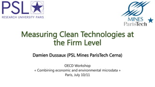 Measuring Clean Technologies at
the Firm Level
Damien Dussaux (PSL Mines ParisTech Cerna)
OECD Workshop
« Combining economic and environmental microdata »
Paris, July 10/11
 
