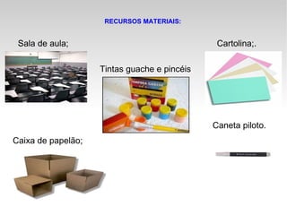 Sala de aula; Caixa de papelão; Tintas guache e pincéis ; Cartolina;. Caneta piloto. RECURSOS MATERIAIS: 
