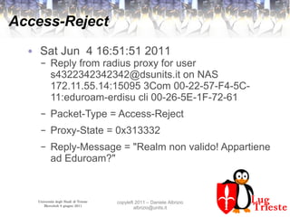 Università degli Studi di Trieste
Mercoledì 8 giugno 2011
copyleft 2011 – Daniele Albrizio
albrizio@units.it
Access-Reject
● Sat Jun 4 16:51:51 2011
– Reply from radius proxy for user
s4322342342342@dsunits.it on NAS
172.11.55.14:15095 3Com 00-22-57-F4-5C-
11:eduroam-erdisu cli 00-26-5E-1F-72-61
– Packet-Type = Access-Reject
– Proxy-State = 0x313332
– Reply-Message = "Realm non valido! Appartiene
ad Eduroam?"
 