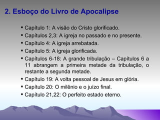 2. Esboço do Livro de Apocalipse Capítulo 1: A visão do Cristo glorificado. Capítulos 2,3: A igreja no passado e no presente. Capítulo 4: A igreja arrebatada. Capítulo 5: A igreja glorificada. Capítulos 6-18: A grande tribulação – Capítulos 6 a 11 abrangem a primeira metade da tribulação, o restante a segunda metade. Capítulo 19: A volta pessoal de Jesus em glória. Capítulo 20: O milênio e o juízo final. Capítulo 21,22: O perfeito estado eterno. 