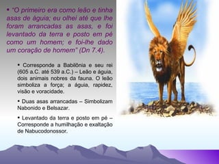 “ O primeiro era como leão e tinha asas de águia; eu olhei até que lhe foram arrancadas as asas, e foi levantado da terra e posto em pé como um homem; e foi-lhe dado um coração de homem” (Dn 7.4). Corresponde a Babilônia e seu rei (605 a.C. até 539 a.C.) – Leão e águia, dois animais nobres da fauna. O leão simboliza a força; a águia, rapidez, visão e voracidade.  Duas asas arrancadas – Simbolizam Nabonido e Belsazar. Levantado da terra e posto em pé – Corresponde a humilhação e exaltação de Nabucodonossor. 