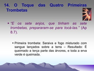 14. O Toque das Quatro Primeiras
Trombetas
 “E os sete anjos, que tinham as sete
trombetas, prepararam-se para tocá-las.” (Ap
8.7).
 Primeira trombeta: Saraiva e fogo misturado com
sangue lançados sobre a terra – Resultado: É
queimado a terça parte das árvores, e toda a erva
verde é queimada.
 