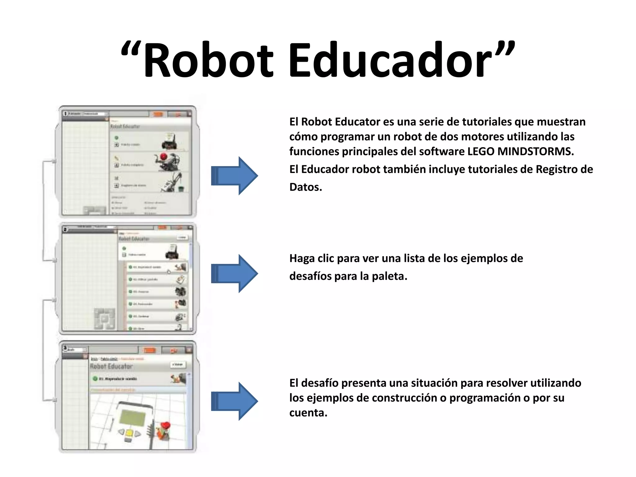 “Robot Educador”
El Robot Educator es una serie de tutoriales que muestran
cómo programar un robot de dos motores utilizando las
funciones principales del software LEGO MINDSTORMS.
El Educador robot también incluye tutoriales de Registro de
Datos.
Haga clic para ver una lista de los ejemplos de
desafíos para la paleta.
El desafío presenta una situación para resolver utilizando
los ejemplos de construcción o programación o por su
cuenta.
 