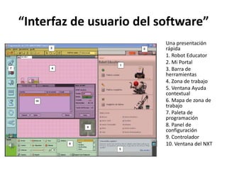 “Interfaz de usuario del software”
Una presentación
rápida
1. Robot Educator
2. Mi Portal
3. Barra de
herramientas
4. Zona de trabajo
5. Ventana Ayuda
contextual
6. Mapa de zona de
trabajo
7. Paleta de
programación
8. Panel de
configuración
9. Controlador
10. Ventana del NXT
 