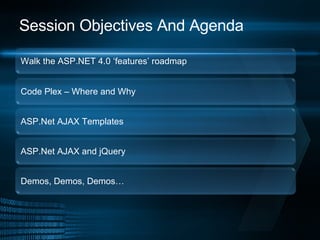 Session Objectives And Agenda Walk the ASP.NET 4.0 ‘features’ roadmap Code Plex – Where and Why ASP.Net AJAX Templates ASP...