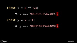 @littledan@littledan
const x = 2 ** 53;
⇒ x === 9007199254740992
const y = x + 1;
⇒ y === 9007199254740992
@littledan
 