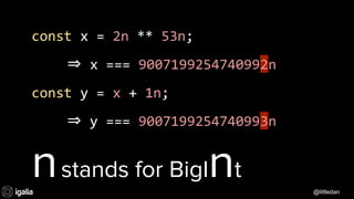 @littledan@littledan
const x = 2n ** 53n;
⇒ x === 9007199254740992n
const y = x + 1n;
⇒ y === 9007199254740993n
nstands for BigInt
@littledan
 