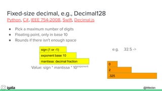 @littledan@littledan
Fixed-size decimal, e.g., Decimal128
Python, C#, IEEE 754-2008, Swift, Decimal.js
● Pick a maximum number of digits
● Floating point, only in base 10
● Rounds if there isn't enough space
e.g. 32.5 ->
Value: sign * mantissa * 10exponent
sign (1 or -1)
exponent base 10
mantissa: decimal fraction
0
2
.325
 