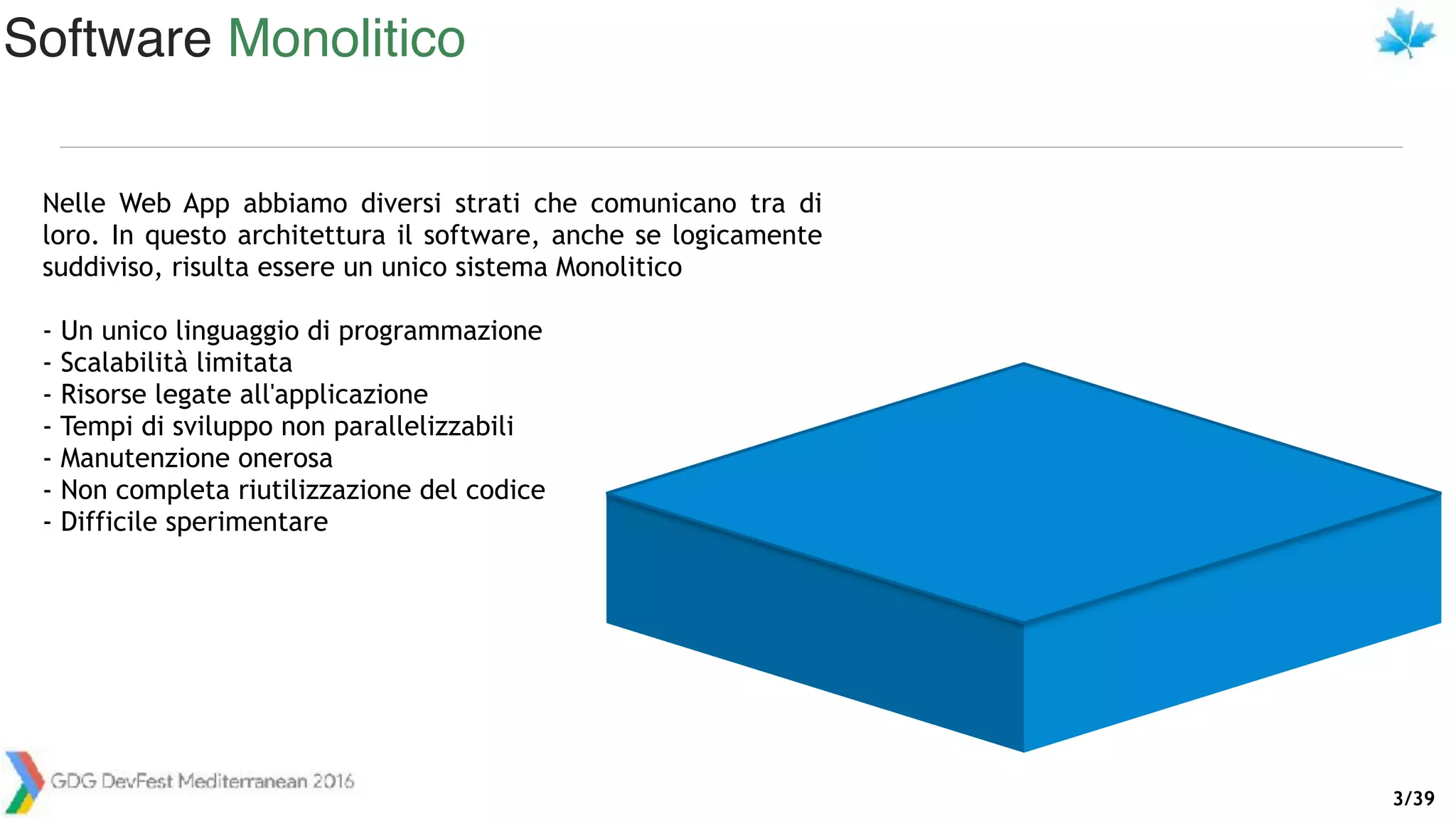/393
Nelle Web App abbiamo diversi strati che comunicano tra di
loro. In questo architettura il software, anche se logicamente
suddiviso, risulta essere un unico sistema Monolitico
- Un unico linguaggio di programmazione
- Scalabilità limitata
- Risorse legate all'applicazione
- Tempi di sviluppo non parallelizzabili
- Manutenzione onerosa
- Non completa riutilizzazione del codice
- Difficile sperimentare
Software Monolitico
 