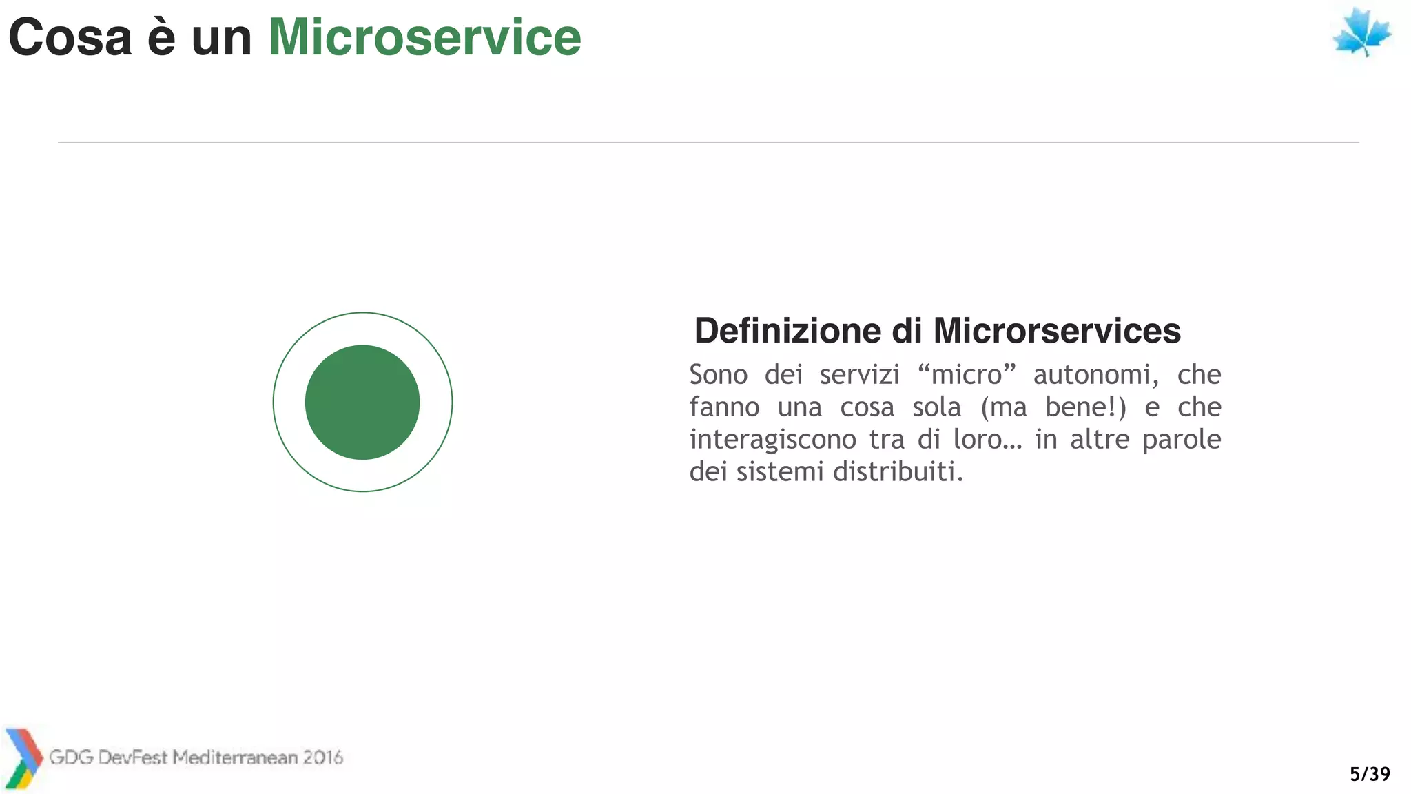 /395
Definizione di Microrservices
Sono dei servizi “micro” autonomi, che
fanno una cosa sola (ma bene!) e che
interagiscono tra di loro… in altre parole
dei sistemi distribuiti.
Cosa è un Microservice
 