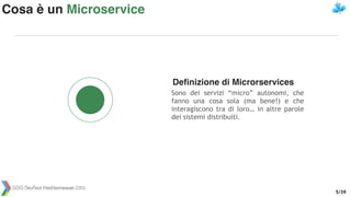 /395
Definizione di Microrservices
Sono dei servizi “micro” autonomi, che
fanno una cosa sola (ma bene!) e che
interagisco...