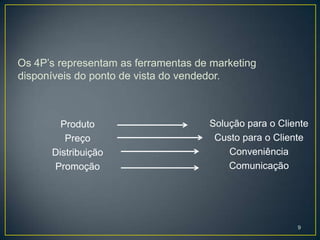 Os 4P’s representam as ferramentas de marketing
disponíveis do ponto de vista do vendedor.



        Produto                      Solução para o Cliente
         Preço                        Custo para o Cliente
      Distribuição                       Conveniência
      Promoção                           Comunicação




                                                        9
 