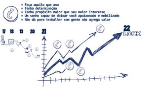 17 18 19 20 21 
D 
22 
* Faça aquilo que ama 
* Tenha determinação 
* Tenha propósito maior que seu maior interesse 
* Um sonho capaz de deixar você apaixonado e mobilizado 
* Não dá para trabalhar com gente não agrega valor 
 