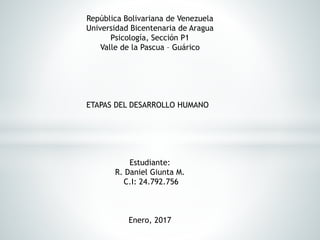República Bolivariana de Venezuela
Universidad Bicentenaria de Aragua
Psicología, Sección P1
Valle de la Pascua – Guárico
ETAPAS DEL DESARROLLO HUMANO
Estudiante:
R. Daniel Giunta M.
C.I: 24.792.756
Enero, 2017
 