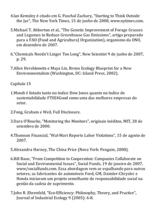 4.lan Kemsley é citado em G. Paschal Zachary, "Starting to Think Outside
the Jar", The New York Times, 15 de junho de 2008, www.nytimes.com.
5.Michael T. Abberton et al., "The Genetic Improvement of Forage Grasses
and Legumes to Reduce Greenhouse Gas Emissions", artigo preparado
para a FAO (Food and Agricultura) Organization), organismo da ONU,
em dezembro de 2007.
6."Chemicals Needn't Linger Too Long", New Seientist 9 de junho de 2007,
p. 29.
7.Allen Hershkowitz e Maya Lin, Bronx Ecology Blueprint for a New
Environmentalism (Washington, DC: Island Press, 2002).
Capítulo 15
1.Mondi é listado tanto no índice Dow Jones quanto no índice de
sustentabilidade FTSE4Good como uma das melhores empresas do
setor.
2.Fong, Graham e Weil, Full Disclosure.
3.Dara O'Rourke, "Monitoring the Monitors", originais inéditos, MIT, 28 de
setembro de 2000.
4.Thomson Financial, "Wal-Mart Reports Labor Violations", 15 de agosto de
2007.
5.Alexandra Harney, The China Price (Nova York: Penguin, 2008).
6.Bill Baue, "From Competition to Cooperation: Companies Collaborate on
Social and Environmental Issues", Social Funds, 19 de janeiro de 2007,
www/socialfunds.com. Essa abordagem vem se espalhando para outros
setores; as fabricantes de automóveis Ford, GM, Daimler-Chrysler e
Honda iniciaram um projeto semelhante de responsabilidade social na
gestão da cadeia de suprimento.
7.John R. Ehrenfeld, "Eco-Efficiency: Philosophy, Theory, and Practice",
Journal of Industrial Ecology 9 (2005): 6-8.
 
