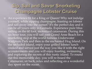

An experience fit for a King or Queen! Why not indulge
yourself, while sipping champagne, feasting on lobster
and sail away into the sunset? It's the perfect day and it
can be all yours only in Grenada. Experience pure bliss
sailing on the 60 foot, motorized catamaran. During this
six hour tour, you will sail past Grand Anse Beach for a
snorkeling stop at the world famous Underwater
Sculpture Park and then to the enchanted Hog Island. On
the secluded island, enjoy your grilled lobster lunch
cooked and served just the way you like it with the right
accouterments and you will enjoy feasting, swimming
and exploring the secrets of this rustic island. To round
out this memorable day, you will re-board the
Catamaran, sit back, relax and reflecting on a wonderful
day spent on the ocean.

 