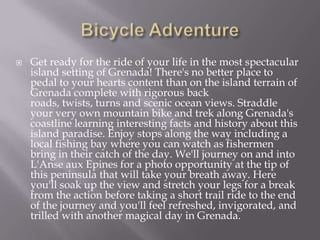 

Get ready for the ride of your life in the most spectacular
island setting of Grenada! There's no better place to
pedal to your hearts content than on the island terrain of
Grenada complete with rigorous back
roads, twists, turns and scenic ocean views. Straddle
your very own mountain bike and trek along Grenada's
coastline learning interesting facts and history about this
island paradise. Enjoy stops along the way including a
local fishing bay where you can watch as fishermen
bring in their catch of the day. We'll journey on and into
L'Anse aux Epines for a photo opportunity at the tip of
this peninsula that will take your breath away. Here
you'll soak up the view and stretch your legs for a break
from the action before taking a short trail ride to the end
of the journey and you'll feel refreshed, invigorated, and
trilled with another magical day in Grenada.

 
