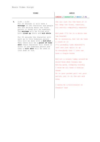 Music Video Script
VIDEO

AUDIO
LYRICS / NARRATION / MUSIC / FX

5.

2:00 – 2:30–
For 10 seconds it will have a
montage of the character and people
who are walking about the final
person it shows will be homeless.
The montage will be filled with
both close up shots and mid shots
For 20 seconds the character will
walk up to this homeless person
this will be done with a mid-shot .
Then there will be a point of view
shot there character will stand in
front of the homeless person and
then a tilt shot will be used to
look down at him.

the air just for the heck of it
But keep the fives, twenties,
hiz and biz completely separate
And yeah I'll be in a whole new
tax bracket
We in recession, but let me take
a crack at it
I'll probably take whatever's
left and just split it up
So everybody that I love can
have a couple bucks
And not a single tummy around me
would know what hungry was
Eating good, sleeping soundly
I know we all have a similar
dream
Go in your pocket pull out your
wallet, put it in the air and
sing
I wanna be a billionaire so
freakin' bad

 