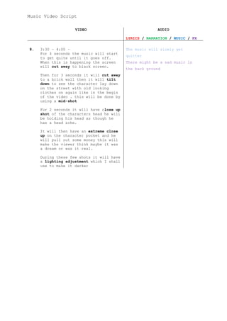Music Video Script
VIDEO

AUDIO
LYRICS / NARRATION / MUSIC / FX

8.

3:30 – 4:00 –
For 4 seconds the music will start
to get quite until it goes off.
When this is happening the screen
will cut away to black screen.
Then for 3 seconds it will cut away
to a brick wall then it will tilt
down to see the character lay down
on the street with old looking
clothes on again like in the begin
of the video . this will be done by
using a mid-shot
For 2 seconds it will have close up
shot of the characters head he will
be holding his head as though he
has a head ache.
It will then have an extreme close
up on the character pocket and he
will pull out some money this will
make the viewer think maybe it was
a dream or was it real.
During these few shots it will have
a lighting adjustment which I shall
use to make it darker

The music will slowly get
quitter
There might be a sad music in
the back ground

 